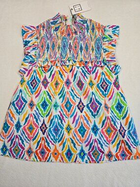 NWT Colorful THML Womens Shirt Small Geometric Print 100% Cotton Ruffle Sleeves